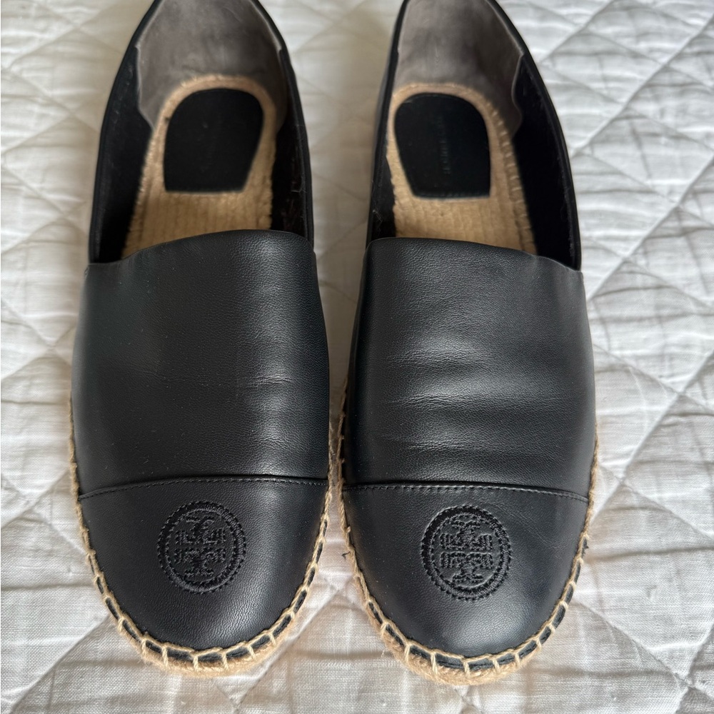 Tory Burch Black Leather Slip-On espadrille flats
